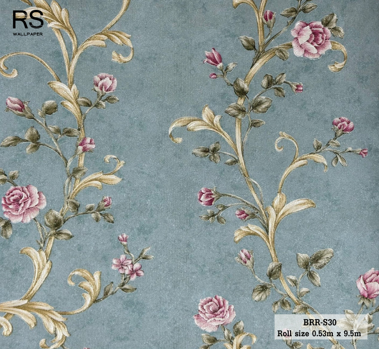 วอลเปเปอร์ ลายดอกไม้วินเทจสีชมพู พื้นสีเขียว BRR-S30