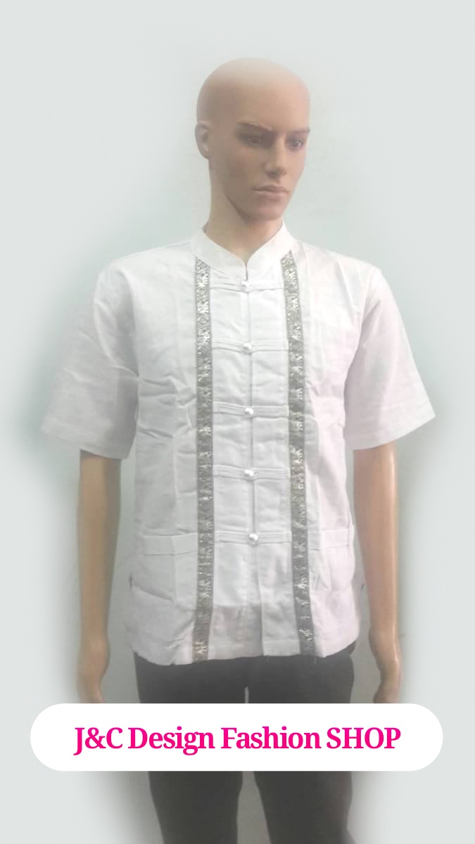 เสื้อผ้าไทยพื้นเมืองชาย เสื้อผ้าฝ้ายชายแต่งผ้าขลิบลายช้างสีเงิน เสื้อผ้าพื้นเมืองชายแต่งผ้าขลิบสีเงินลายช้าง