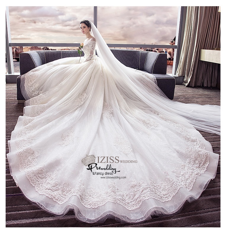 BR335 **พรีออเดอร์**ชุดแต่งงาน&ชุดเจ้าสาวแบบยาวอลังการ สีขาวเกรดพรีเมี่ยม หรูหราน่ารัก สวยโดดเด่นไม่ซ้ำใคร