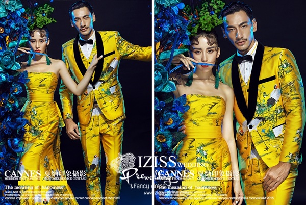 PW556- **พร้อมส่งเฉพาะชุดผู้หญิงแบบผ้าพิมพ์ลายนกกระเรียนค่ะ**ชุดคู่ถ่ายพรีเวดดิ้ง (prewedding dress) & ชุดแต่งงานแฟนซี (Fancy wedding dress)ชายหญิง "ธีมสีเหลือง"