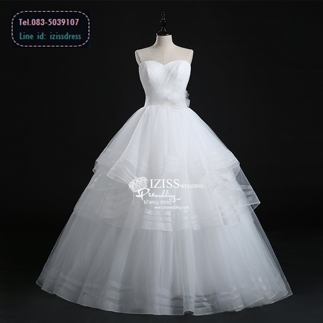 BR177 **พรีออเดอร์**ชุดแต่งงาน&ชุดเจ้าสาวเกาะอกแบบยาวสีขาวเกรดพรีเมี่ยม ดีเทลแทร็ปผ้าตาข่ายโปร่งช่วงอก ช่วงเอวตกแต่งด้วยดอกไม้ผ้า กระโปรงช่วงบนบานเป็นชั้นๆ เรียบหรูน่ารัก สวยโดดเด่นไม่ซ้ำใคร