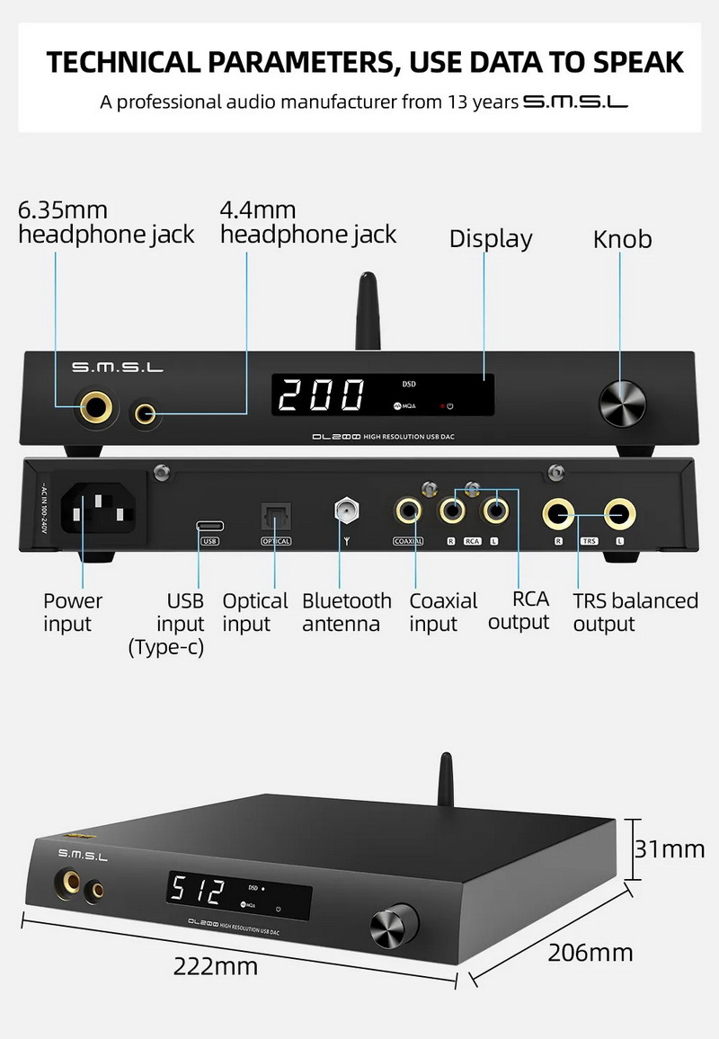 SMSL DL200 DAC/AMP ตั้งโต๊ะ รองรับ MQA, Dual Hi-Res ประกันศูนย์ไทย