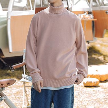 พร้อมส่ง เสื้อคอเต่าไหมพรม สีชมพู เนื้อนิ่ม อุ่น ทรง oversize เสื้อกันหนาวผู้ชาย เสื้อไหมพรมผู้ชาย