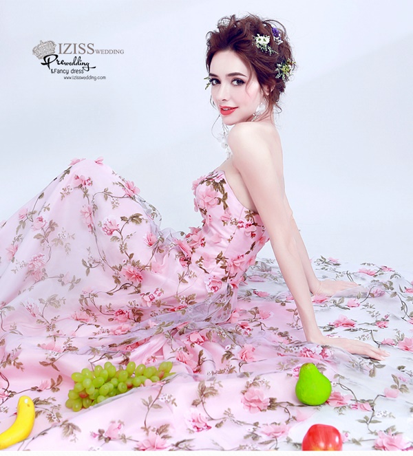 DL029 - **พรีออเดอร์** ชุดราตรี เดรสยาวออกงาน (Night party dresses) ชุดไปงานแต่งงานสวยๆ "ธีมสีชมพูแต่งดอก 3D"