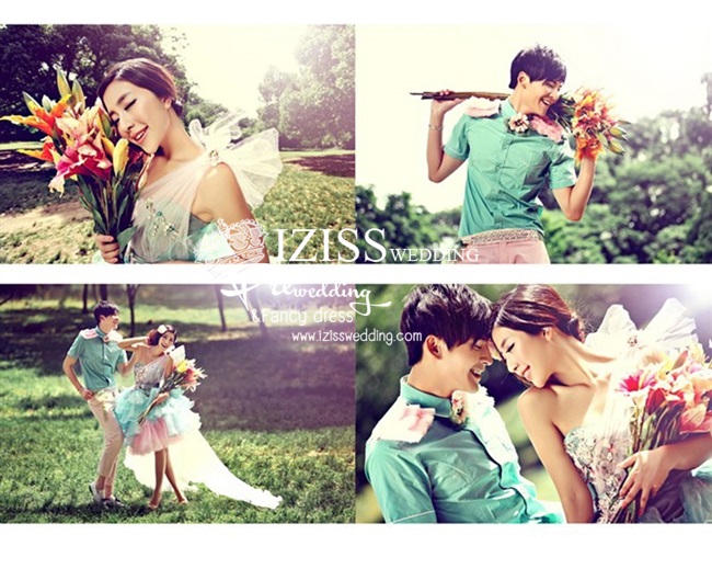 PW158 - **พรีออเดอร์ค่ะ** ชุดคู่ถ่ายพรีเวดดิ้ง (prewedding dress) & ชุดแต่งงานแฟนซี (Fancy wedding dress)ชายหญิง "ธีมสีเขียว-ชมพู"