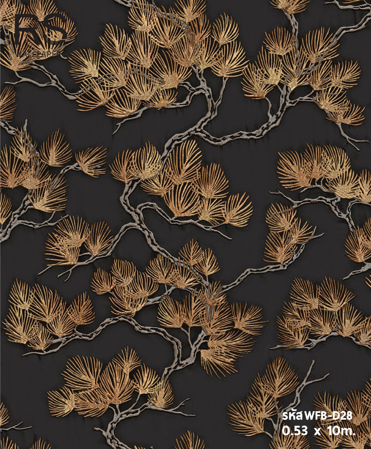 วอลเปเปอร์แท็กเจอร์ผ้าไหมทอ ลายใบไม้สีทอง พื้นสีดำ (Tropical Style) WFB-D28