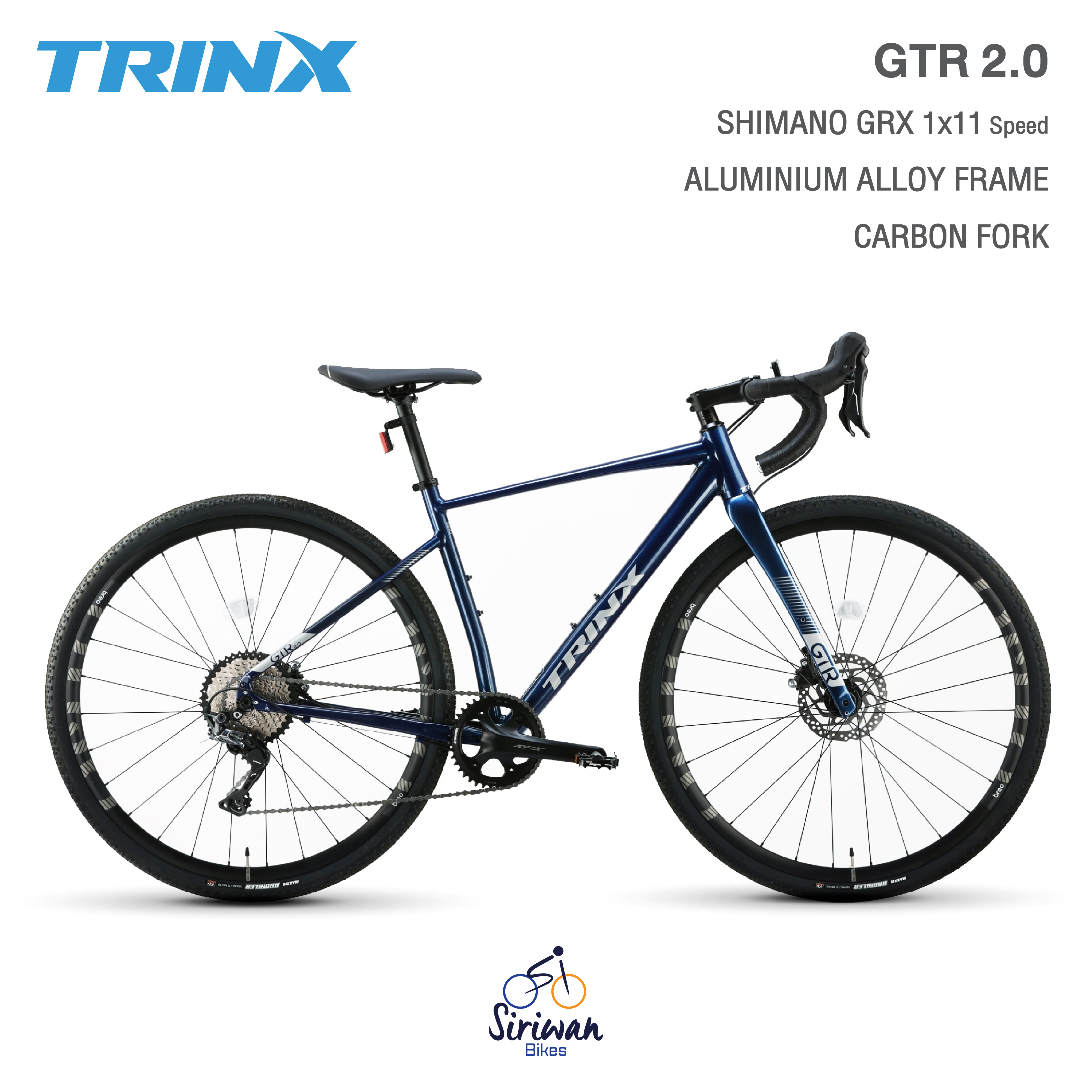 TrinX : GTR 2.0 จักรยาน Gravel Bike เกียร์ SHIMANO GRX 11SP ดิสก์น้ำมัน SHIMANO GRX ดุมแบริ่ง แกนสอด THRU AXLE ตะเกียบ CARBON T700