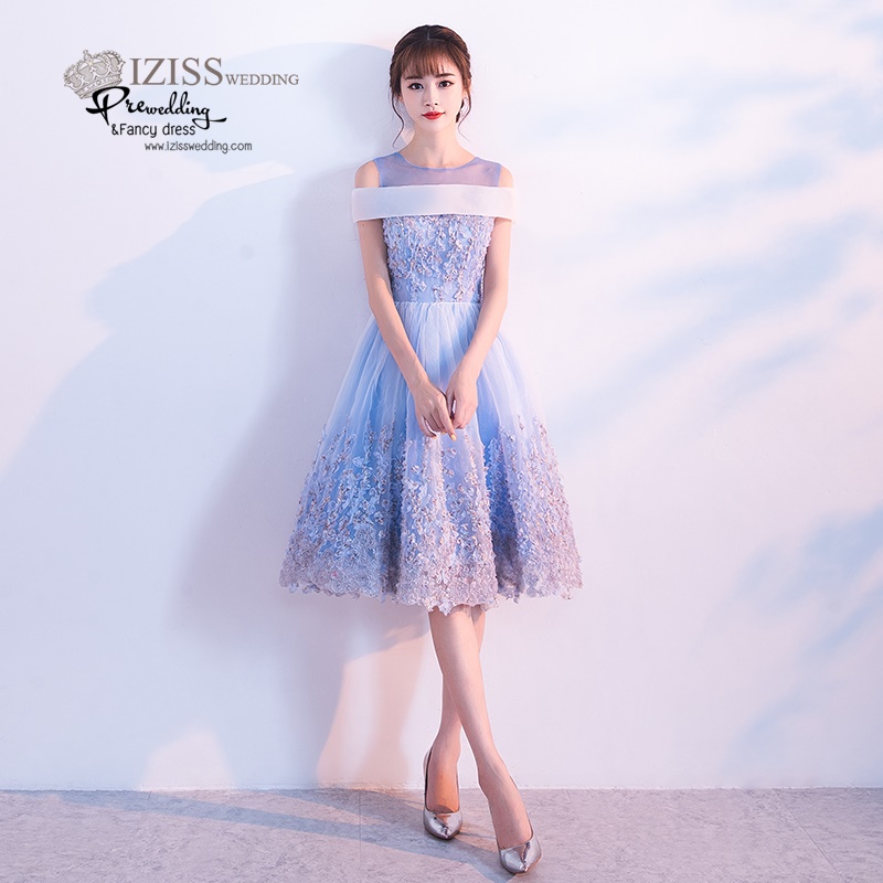 DS036 - **พร้อมส่ง** ชุดราตรี เดรสสั้นออกงาน (short dresses) ชุดไปงานแต่งงานสวยๆ "ธีมสีฟ้าปักดอก 3D"