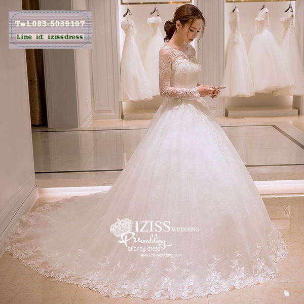 BR243 **พรีออเดอร์**ชุดแต่งงาน&ชุดเจ้าสาวแบบยาวสีขาวเกรดพรีเมี่ยม เปิดไหล่ มีแขน หรูหราน่ารัก สวยโดดเด่นไม่ซ้ำใคร