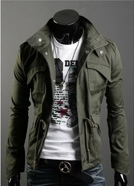 เสื้อแจ๊กเก็ตผู้ชาย พร้อมส่ง แขนยาว สีเขียวทหาร คอปก กระดุมหน้า ผ้านิ่ม ใส่สบาย