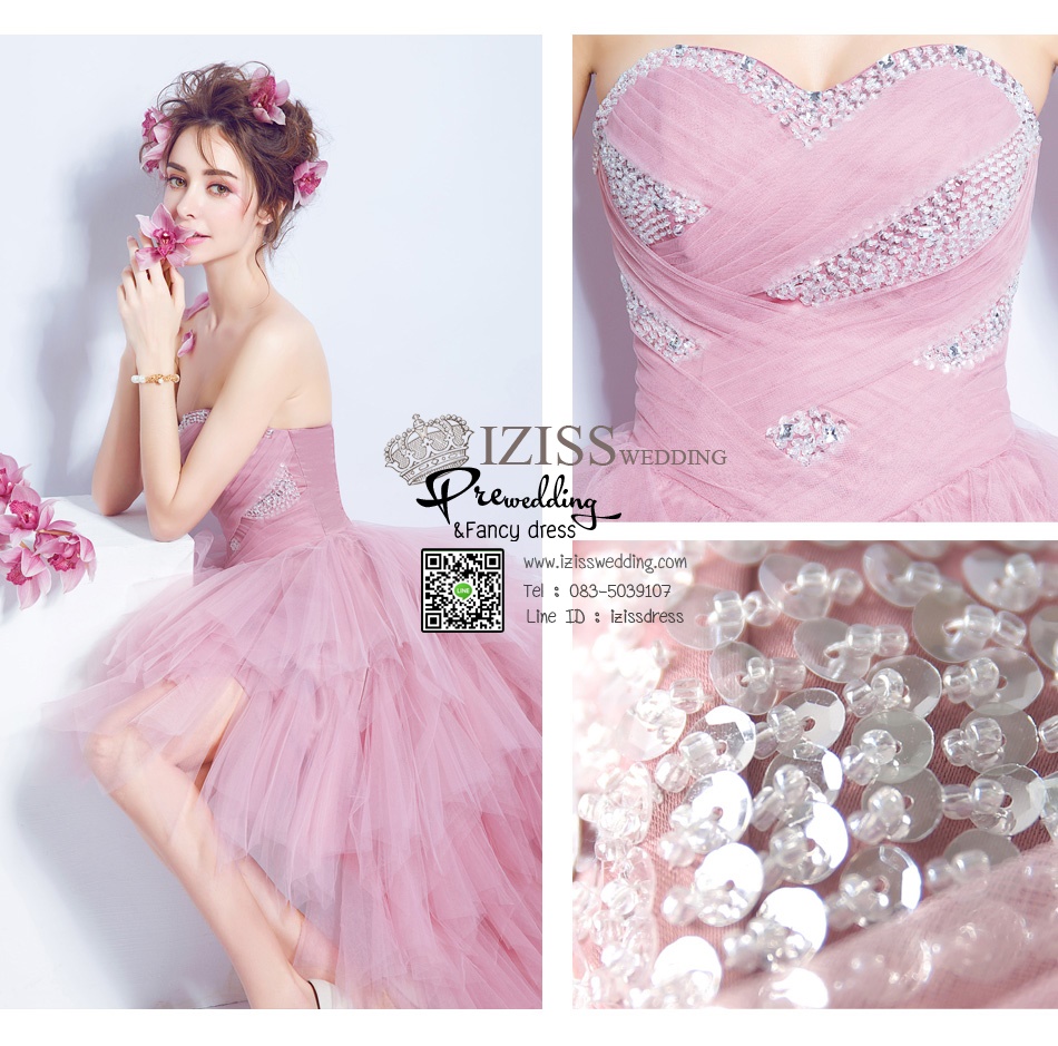 DL005 - **Pre order**ชุดราตรี เดรสหน้าสั้นหลังยาวออกงาน (Evening dresses) ชุดไปงานแต่งงานสวยๆ "ธีมสีชมพูกะปิ"