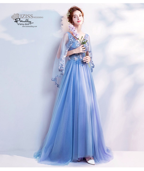 DL036 - **พรีออเดอร์** ชุดราตรี เดรสยาวออกงาน (Night party dresses) ชุดไปงานแต่งงานสวยๆ "ธีมสีฟ้าครามแต่งดอก 3D"