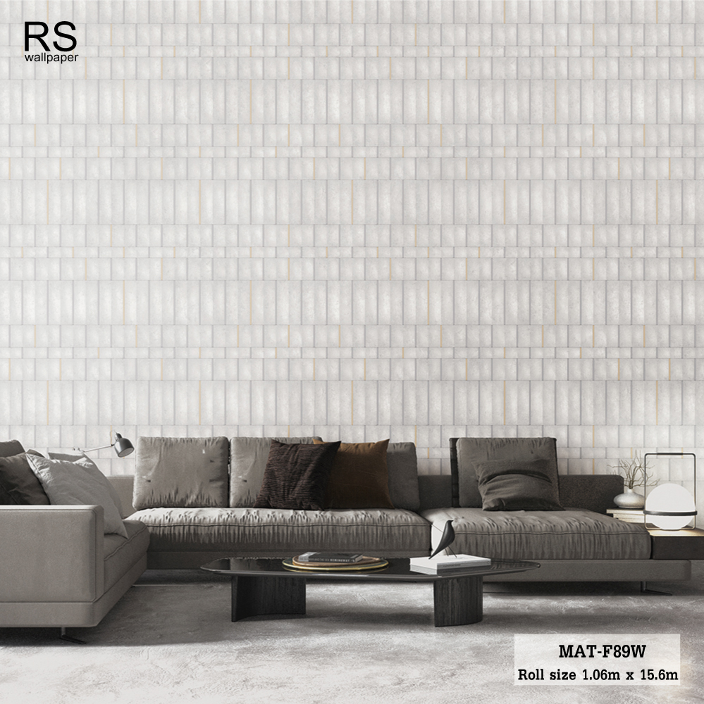 วอลเปเปอร์ ลายคอนกรีตสีเทาอมฟ้า คั่นด้วยลายแท่งสีเทาและสีทอง MAT-F89W