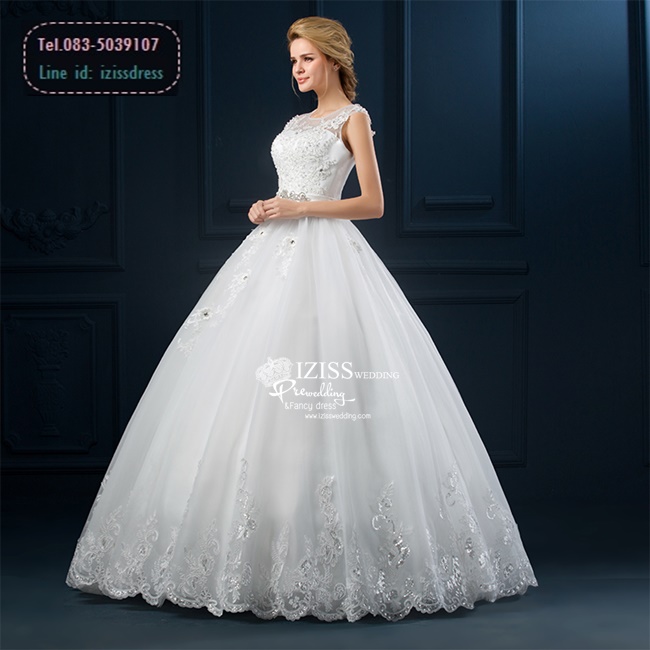 BR175 **พรีออเดอร์**ชุดแต่งงาน&ชุดเจ้าสาวแบบยาวสีขาวเกรดพรีเมี่ยมแขนกุด ซีทรูช่วงเนินอกด้วยผ้าตาข่ายโปร่งปักเลื่อมผสมผ้าลูกไม้ ตกแต่งช่วงเอวเป็นเข็มขัดด้วยเพชรรูปดอกไม้ หรูหราน่ารัก สวยโดดเด่นไม่ซ้ำใคร