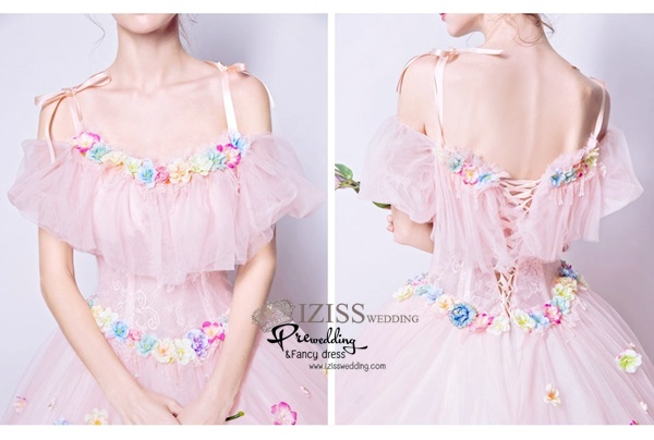 DL043 - **พรีออเดอร์** ชุดราตรี เดรสยาวออกงาน (Night party dresses) ชุดไปงานแต่งงานสวยๆ "ธีมสีชมพูแต่งดอก 3D"