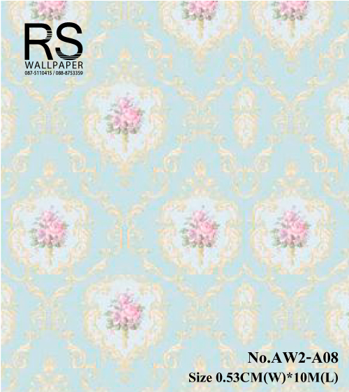 วอลเปเปอร์ ลายหลุยส์ วินเทจ พื้นสีฟ้า ดอกไม้สีชมพูAW2-A08