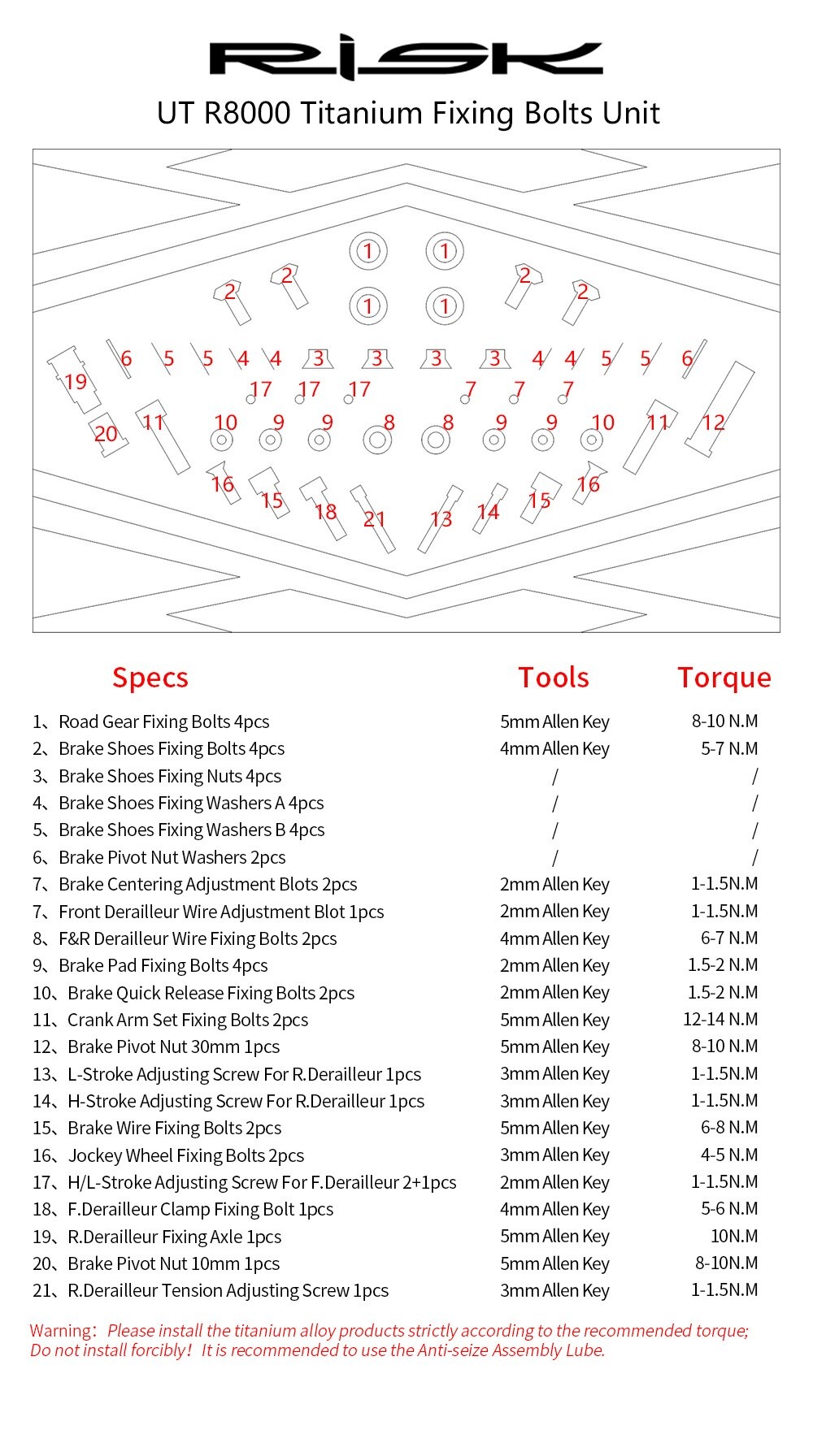 ชุดเซ็ตน็อตไทเทเนี่ยมแท้ RISK สำหรับชุดขับ SHIMANO ULTEGRA R8000