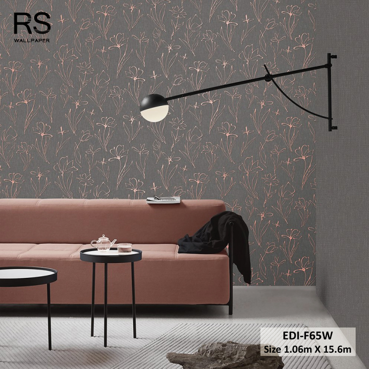 วอลเปเปอร์ ลายดอกไม้สีโรสโกลด์ พื้นสีเทาดำ EDI-F65W