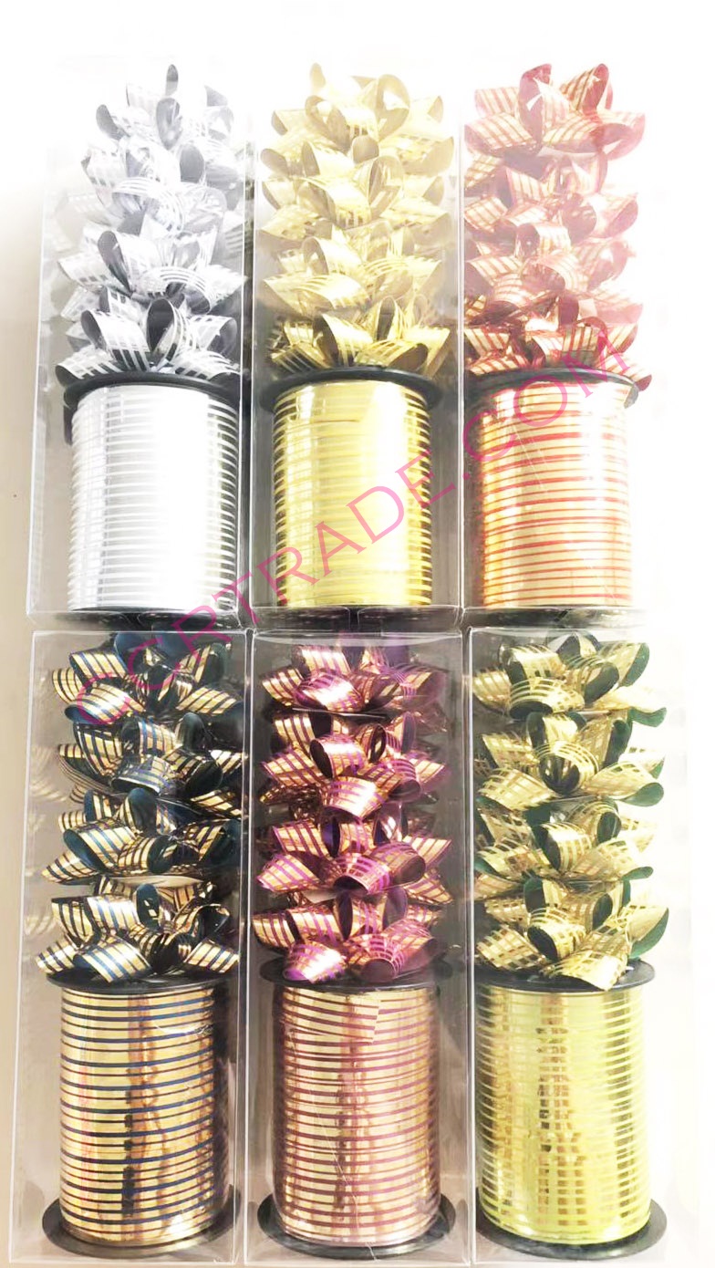 ชุดโบว์ดอก 4 ชิ้น+ริ้บบิ้นม้วนกล่อง(สะท้อนลาย) 15.5 ซม.