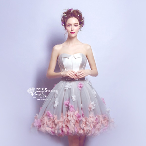 DS034 - **พร้อมส่ง**ชุดราตรีหรู เดรสหน้าสั้นหลังยาวออกงาน (semi-long dresses) ชุดไปงานแต่งงานสวยๆ ชุดยกน้ำชา "ธีมสีขาวดอกไม้"