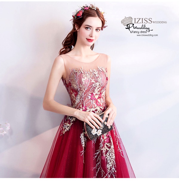 DL077 - **พร้อมส่งXL** ชุดราตรี เดรสยาวออกงาน (Night party dresses) ชุดไปงานแต่งงานสวยๆ "ธีมสีแดงแต่งดอก 3D"