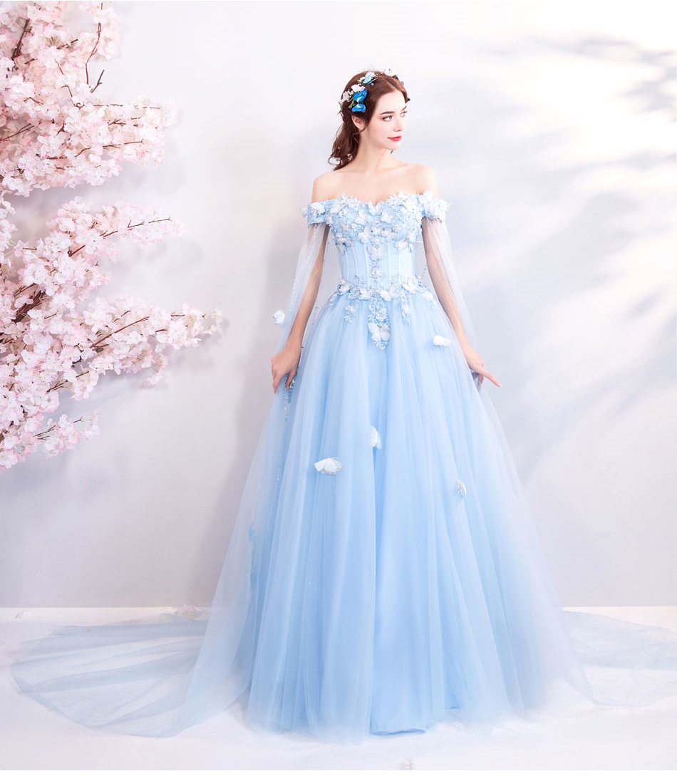 DL112 - **พรีออเดอร์** ชุดราตรี เดรสยาวออกงาน (Night party dresses) ชุดไปงานแต่งงานสวยๆ "ธีมสีฟ้าแต่งดอก 3D"