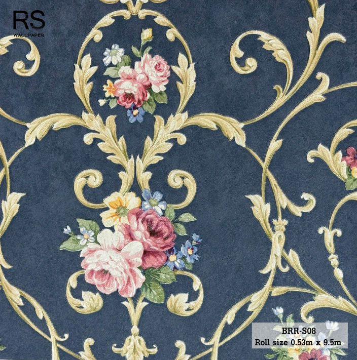 วอลเปเปอร์ ลายดอกไม้วินเทจสีแดงชมพู พื้นน้ำเงิน BRR-S08