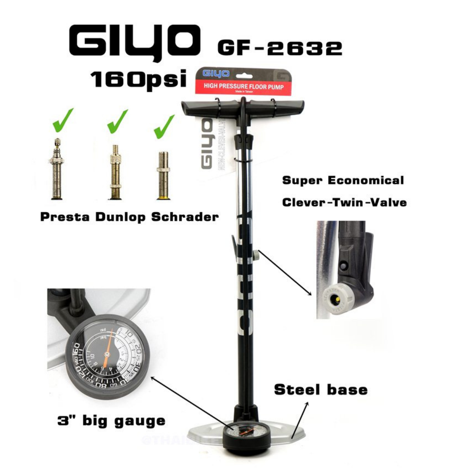 สูบตั้งพื้น สูบจักรยาน มอตอร์ไซต์ GIYO GF-2632 รองรับ 3 หัว มีเกจ์วัดลม 160PSI