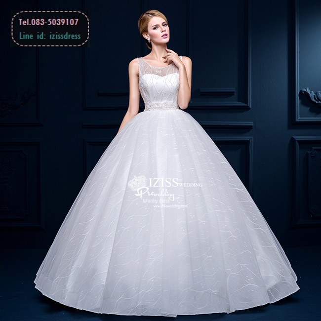 BR173 **พรีออเดอร์**ชุดแต่งงาน&ชุดเจ้าสาวแบบยาวสีขาวเกรดพรีเมี่ยม แขนกุด ซีทรูช่วงเนินอกด้วยผ้าตาข่ายโปร่งปักเลื่อมผสมคริสตัล ตกแต่งช่วงเอวเป็นเข็มขัดผ้าลูกไม้ลายดอก หรูหราน่ารัก สวยโดดเด่นไม่ซ้ำใคร