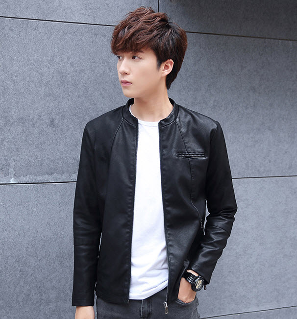พร้อมส่ง แจ็คเก็ตหนังผู้ชาย เสื้อหนังผู้ชาย สีดำ หนัง PU คอจีน มีซับใน