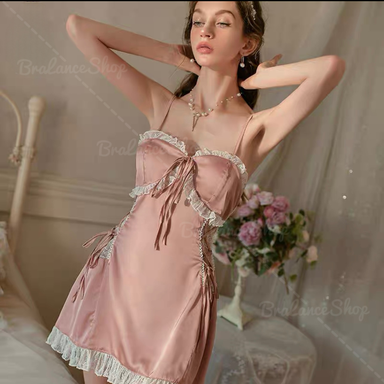 BLS✿2132 ชุดนอนลูกไม้ ผ้าซาตินแท้💯