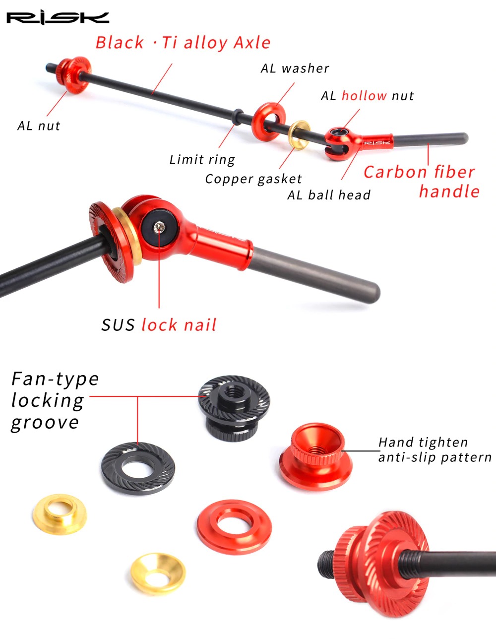 แกนปลดจักรยานเสือหมอบ เสือภูเขา RISK แบบไทเทเนี่ยมหัวคาร์บอน