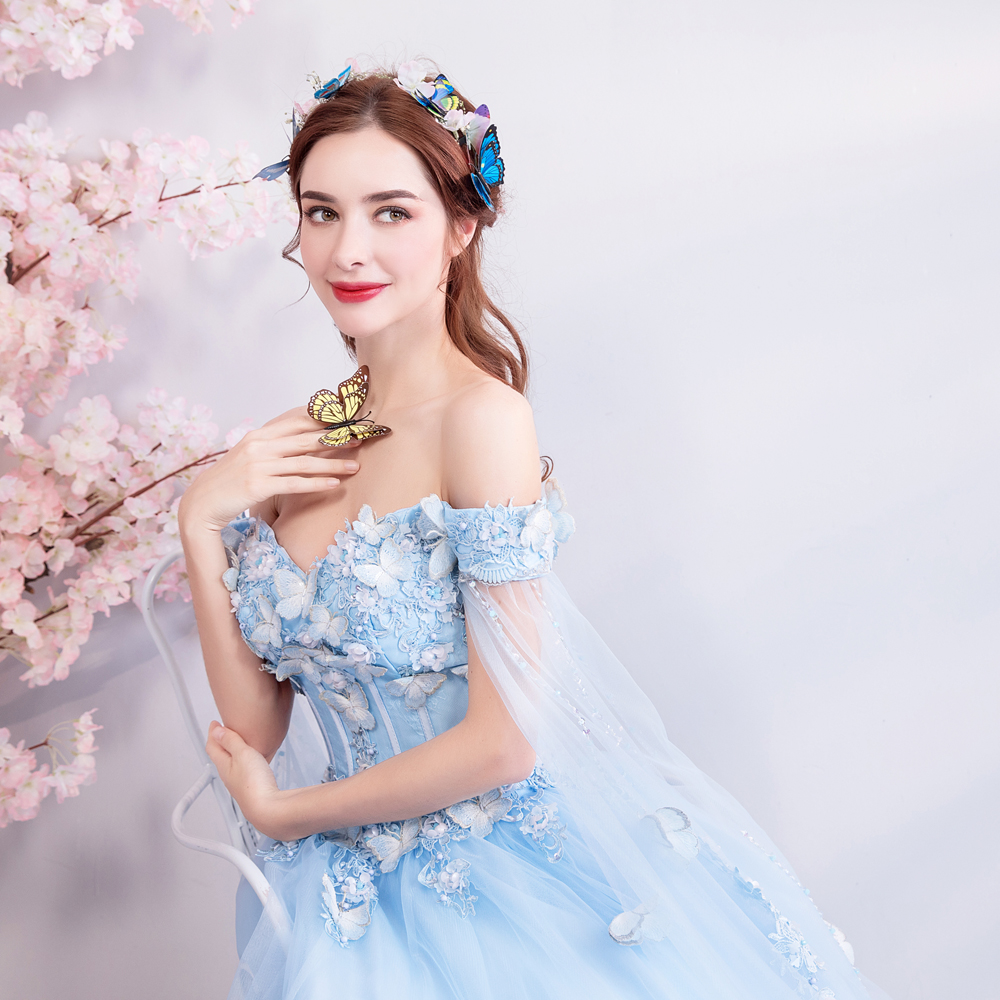 DL112 - **พรีออเดอร์** ชุดราตรี เดรสยาวออกงาน (Night party dresses) ชุดไปงานแต่งงานสวยๆ "ธีมสีฟ้าแต่งดอก 3D"