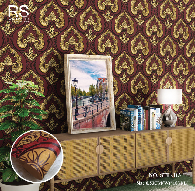 วอลเปเปอร์ ลายหลุยส์สีเหลืองทอง พื้นสีแดง No.STL-J13