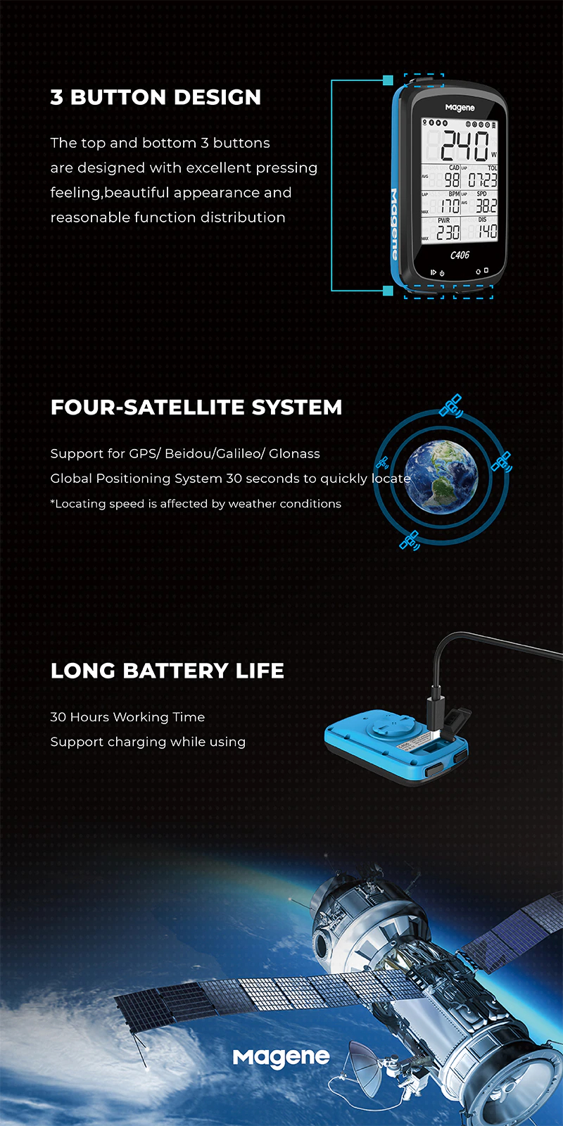 ไมล์จักรยานแบบ GPS Magene C406 GPS Waterproof จอ 2.5 LCD Display Waterproof Support Bluetooth Ant