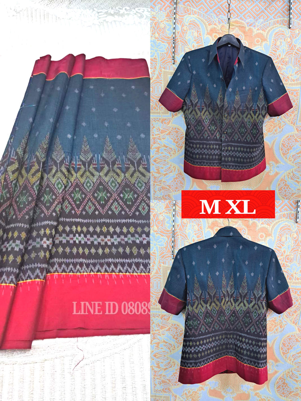 เสื้อสูทชายฝ้ายแท้มัดหมี่ตีนแดงทอมือ เสื้อสูทชายฝ้ายแท้ สูทผ้าไทยชาย ซาฟารีผ้าไทยชาย สูทผ้าฝ้ายมัดหมี่ตีนแดง