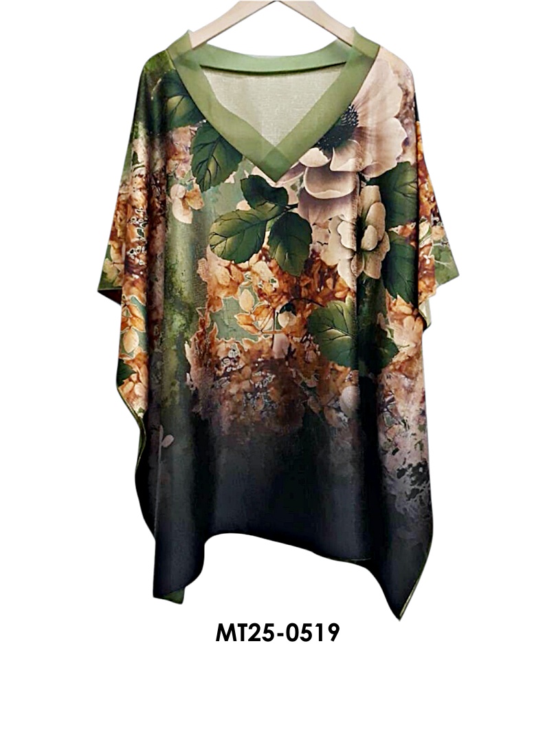 MT25-0519 ไหมจีนคอวีแก้วทรงผีเสื้อ อก 56 นิ้ว สวยสไต์คุณนาย เสื้อผู้ใหญ่