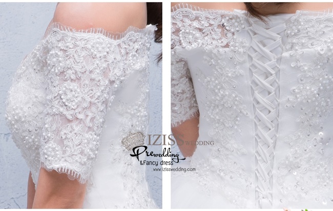 BR231 **พรีออเดอร์**ชุดแต่งงาน&ชุดเจ้าสาวแบบหางปลายาวสีขาวเกรดพรีเมี่ยม เปิดไหล่ มีแขน หรูหราน่ารัก สวยโดดเด่นไม่ซ้ำใคร