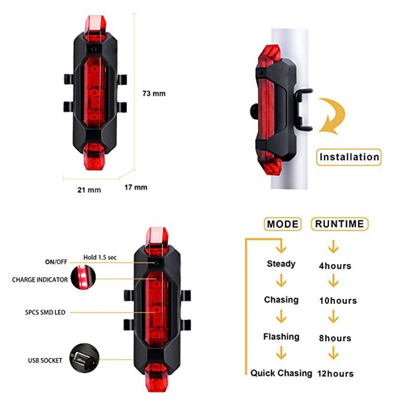 ไฟหน้า ไฟท้ายจักรยาน THAIIBIKE ชาร์จ USB LIGHT DC-918 สีแดง สีขาว สีน้ำเงิน