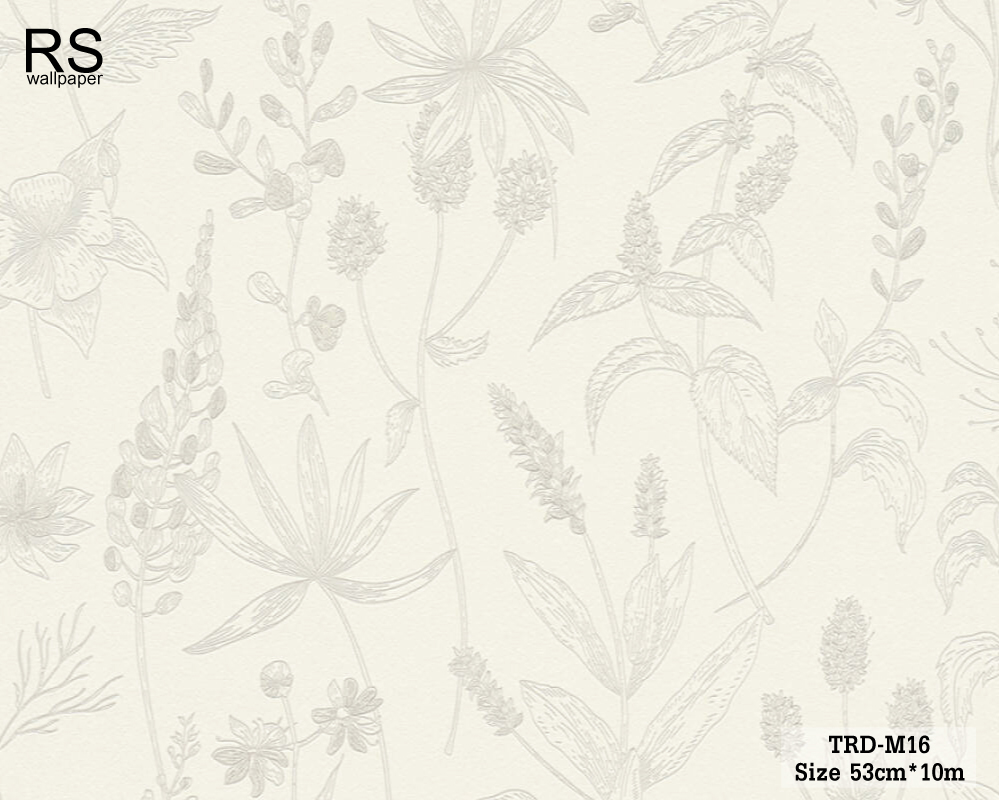 วอลเปเปอร์ ลายใบไม้ ลายดอกไม้ พื้นขาว เส้นวาดสีเทา TRD-M16