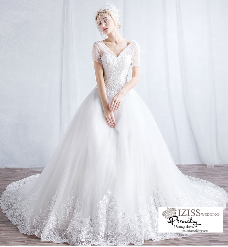 ฺBR112 **พรีออเดอร์**ชุดแต่งงาน&ชุดเจ้าสาวแบบยาวสีขาวเกรดพรีเมี่ยม แขนสั้นแต่งมุก หรูหราน่ารัก สวยโดดเด่นไม่ซ้ำใคร