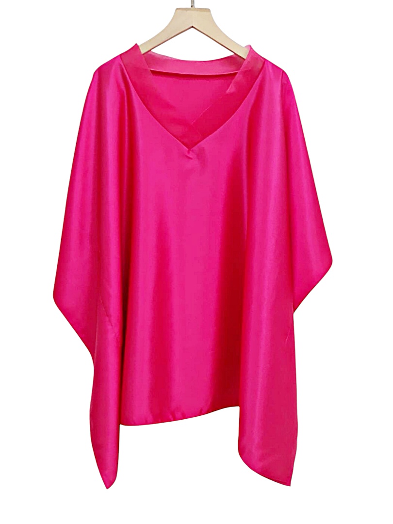 MT24-1154 เครปซาตินคอวีแก้วทรงผีเสื้อ อก 56 นิ้ว สีบานเย็น สวยสไต์คุณนาย เสื้อผู้ใหญ่