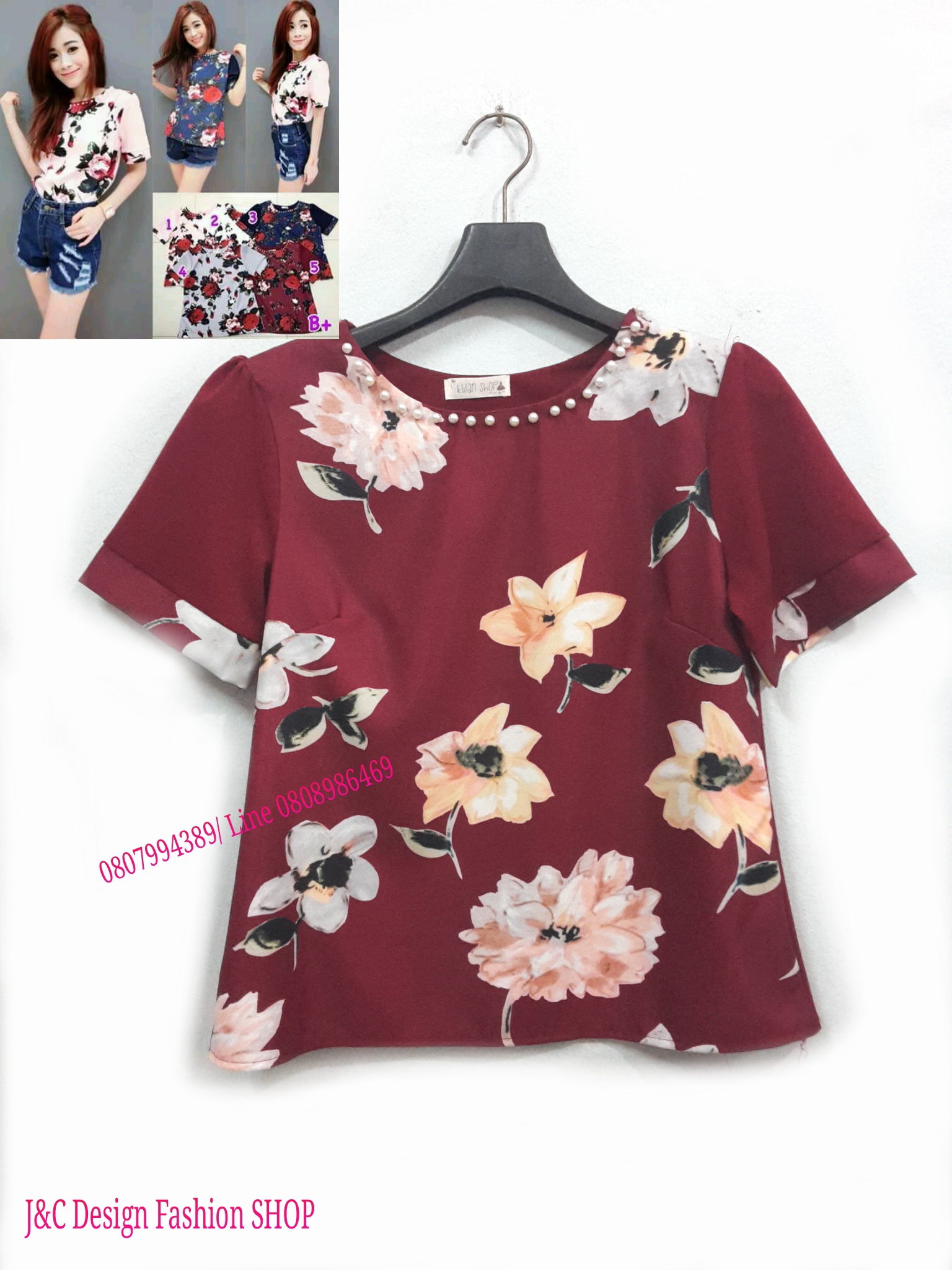เสื้อผ้าชีฟองทอลาย เสื้อทำงาน เสื้อชีฟองสไตน์วันรุ่น เสื้อทำงานเกาหลี เสื้อสมัครงาน เสื้อใส่กับผ้าถุง เสื้อลายดอกใส่กับผ้าซิ่นสีแดงเลือดนก