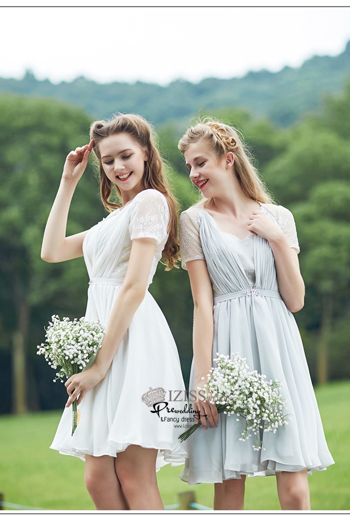 ฺBM0119 - พรีออเดอร์ ชุดเพื่อนเจ้าสาวราตรีสั้นธีมสีขาวและสีเทา น่ารักมากๆค่ะ