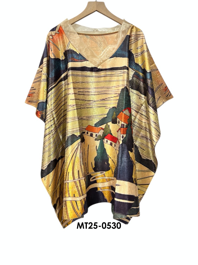 MT25-0530 ไหมจีนคอวีแก้วทรงผีเสื้อ อก 56 นิ้ว สวยสไต์คุณนาย เสื้อผู้ใหญ่