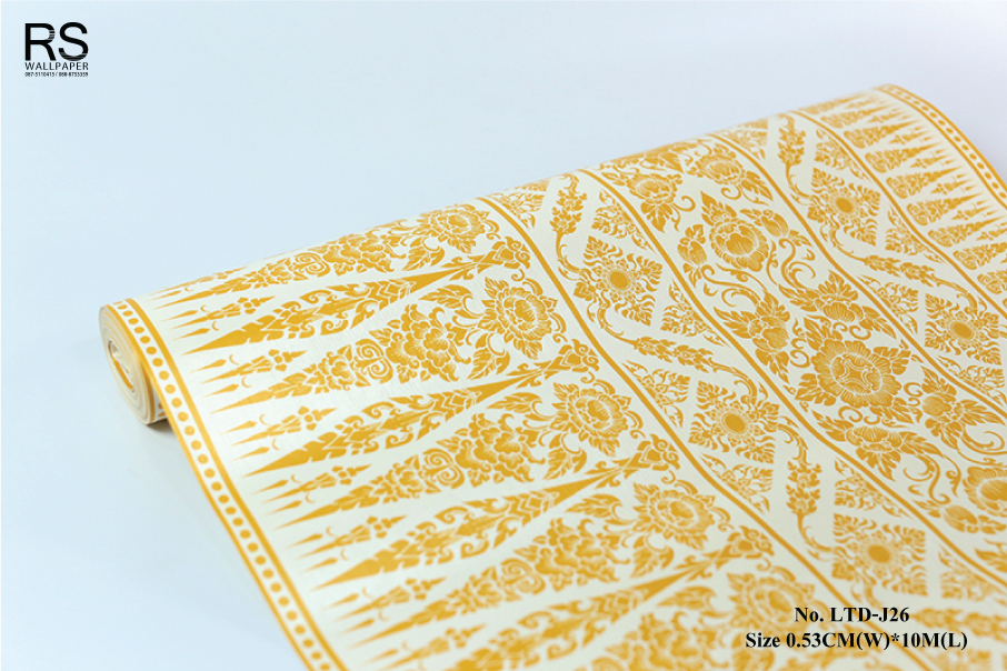 วอลเปเปอร์ ติดห้องพระ ลายไทยกรวยเชิง สีทองพื้นขาว (Border) LTD-J26