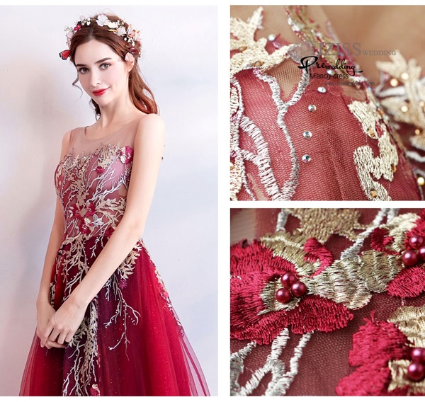 DL077 - **พร้อมส่งXL** ชุดราตรี เดรสยาวออกงาน (Night party dresses) ชุดไปงานแต่งงานสวยๆ "ธีมสีแดงแต่งดอก 3D"