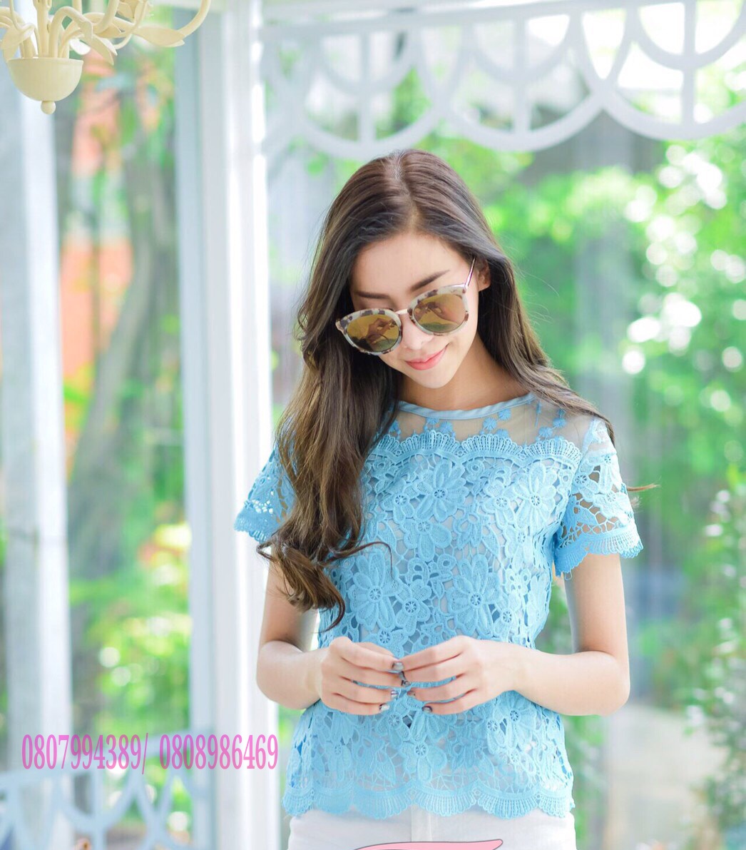 เสื้อลูกไม้สไตน์เกาหลี เสื้อลูกไม้สไตน์วัยรุ่น เสื้อผ้าไทยใส่กับผ้าซิ่น เสื้อผ้าฝ้ายใส่กับผ้าถุง เสื้อใส่ผ้าซิ่น เสื้อลูกไม้แขนสั้นสีฟ้า