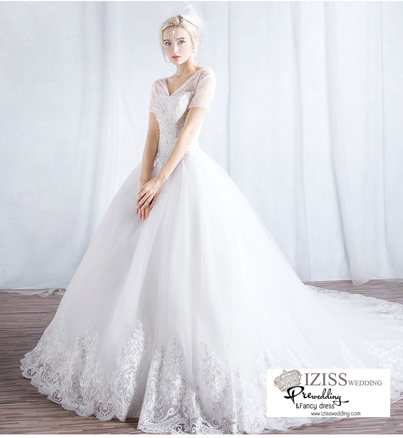 ฺBR112 **พรีออเดอร์**ชุดแต่งงาน&ชุดเจ้าสาวแบบยาวสีขาวเกรดพรีเมี่ยม แขนสั้นแต่งมุก หรูหราน่ารัก สวยโดดเด่นไม่ซ้ำใคร