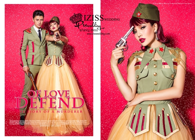 PW411-**พรีออเดอร์**ชุดคู่ถ่ายพรีเวดดิ้ง (prewedding dress) & ชุดแต่งงานแฟนซี (Fancy wedding dress)ชายหญิง "ธีมสีเขียวทหาร"